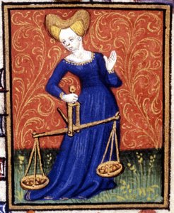 De Weegschaal. Miniatuur van een horoscoop. 15e-eeuws manuscript. Bibl. Trivulziana, Milaan.