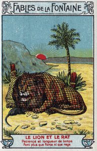 De Leeuw en de Rat - Fabels van Jean de La Fontaine (1621-95) - Chromolithografie eind 19e eeuw Privécollectie