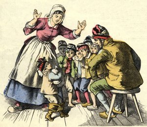 Klein Duimpje en zijn broers gaan terug naar hun ouders (illustratie van het sprookje 