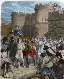 Het martelaarschap van St. Symphorian - Martelaarschap van St. Symphorian rond het jaar 180 (San Sempronio martire) (Symphorianus, Symphorien). Een man in de menigte zwaait met een bord met de inscriptie S.P.Q.R (SPQR) (Senatus Populusque Romanus) - in 