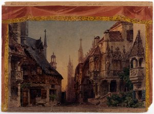 Die Meistersinger von Nürnberg (Les Maitres Chanteurs de Nuremberg), WWV 96, opera van Richard Wagner gecreëerd in 1868. Scenografie van Ferrario voor La Scala in Milaan