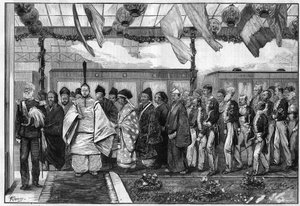 De Mikado, de spirituele leider van Japan, opende de eerste spoorweg van zijn land. door Unknown artist