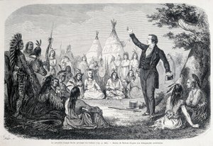 De Mormoonse Profeet Joseph Smith predikt de Indianen (Noord-Amerika). Illustratie uit de 19e eeuw. door Unknown artist