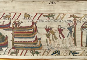 De Noormannen trekken hun schepen naar zee, Tapijt van Bayeux