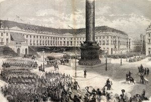 De Parijse feesten, het leger van Italië defileert voor de keizer op de Place Vendome - Oorlog van Italië - Terugkeer van de troepen, Place Vendome, in Parijs, begroet door Napoleon III