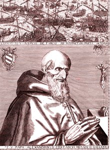 De paus Pius V sluit een alliantie met de Spaanse vloot en de Venetiaanse vloot tegen de Turken in de slag bij Lepanto in oktober 1571 door Unknown artist