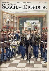 De terugkeer van het parlement; de heer Paul Deschanel (1855-1922), voorzitter van de Kamer van Afgevaardigden, woont de zitting bij. Gravure in 