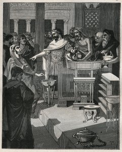De Romeinse keizer Caligula in een brocanteur in Romeins Gallië. Gravure uit 1885 in 