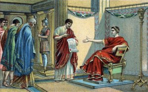 De Romeinse keizer Constantijn stelde de eerste religieuze wetten op betreffende de gelijkheid van geloven. Chromolithografie uit de late 19e eeuw door Unknown artist
