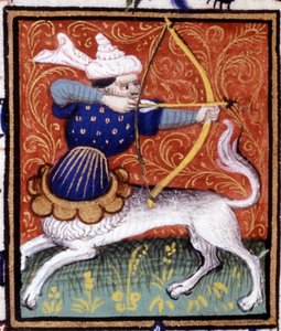 De Boogschutter. Miniatuur van een horoscoop. 15e-eeuws manuscript. Bibl. Trivulziana, Milaan. door Unknown artist