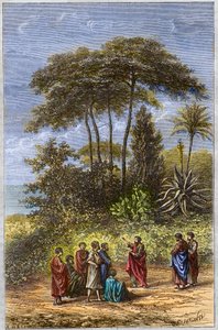 De school van Pythagoras - Pythagoras onder zijn leerlingen in Crotona (gravure 1879)