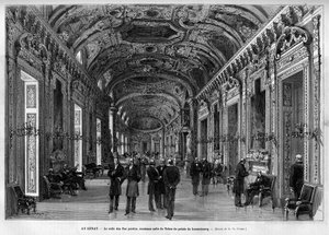 De lobby van de Senaat, voormalige Troonzaal, Palais du Luxembourg. Gravure in 
