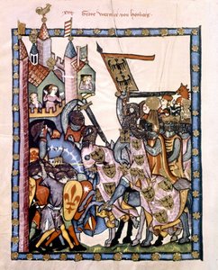 De Zwitserse dichter en ridder Graaf Werner von Homberg (1284-1320) in dienst van keizer Hendrik VII belegerde een bolwerk verdedigd door de Angevijnse troepen van Sicilië. Miniatuur van de Codex “Manesse”, of “Manessesche Liederhandschrift” door Unknown artist