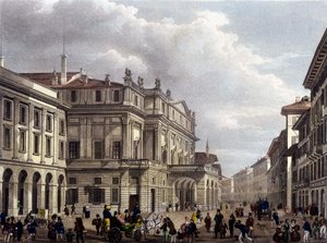 Het Teatro alla Scala in Milaan aan het begin van de 19e eeuw. Gravure uit die periode. Museo della Scala de Milan