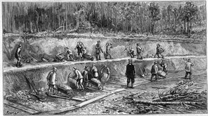 De Trans-Siberische Spoorlijn: Chinese arbeidersplaats. (Van een foto). Gravure in 