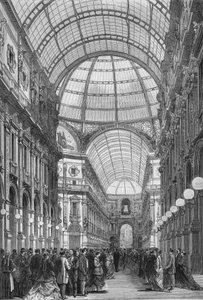 De Victor Emmanuel galerij (Victor-Emmanuel) in Milaan in 1867. (Galleria Vittorio Emanuele). Gravure uit 1867.