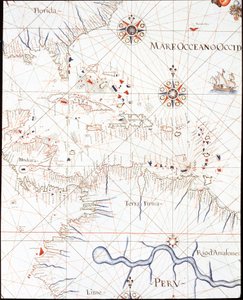 De West-Indië: Florida, Honduras, Cuba, Peru en de Caraïben (Detail van de Portulan de Castellini) door Unknown artist