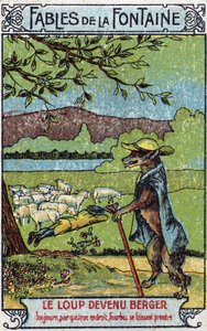De Wolf werd Berger - Fabels van Jean de La Fontaine (1621-95) - Chromolithografie eind 19e eeuw Privécollectie