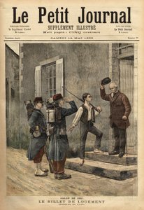 Het accommodatiebiljet, dat tijdens de Napoleontische periode loopt, wordt door het leger aan zijn soldaten verstrekt en draagt de naam en locatie van een bepaalde last om soldaten in het veld te huisvesten. Gravure naar een schilderij van Cres, in 