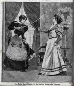 De nasleep van een rivaliteit: een zwaardduel tussen vrouwen. Gravure in 