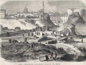 Het amfitheater Gallo Romain ontdekt aan de Rue Monge in Parijs in 1870, tegenwoordig de Arènes de Lutèce. Gravure uit de 19e eeuw.