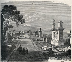De oude Appiaanse weg, via appia die de Pontijnse moerassen (Agro pontino) bij Rome doorkruist. Gravure uit de 19e eeuw.