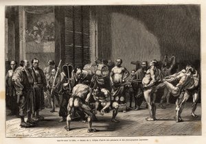 De voorbereidingen voor sumoworstelen, de atleten warmen op, strekken, worden gestyled en concentreren zich voor het gevecht. Gravure ter illustratie van de reis naar Japan, door Aime Humbert, minister van de Zwitserse Confederatie, in 1863-1864, gepublice