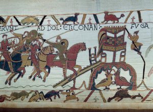 De legers van Willem de Veroveraar (1027-1087) gingen vechten tegen de hertog van Bretagne, aangekomen in Bayeux. Harold is net tot ridder geslagen door Willem. Detail van het Tapijt van Bayeux of Borduurwerk van Koningin Mathilde door Unknown artist