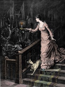 De spookachtige wapenrusting: een jonge vrouw daalt de treden van een trap af en richt de kaars die ze in haar hand houdt naar een set harnassen. Illustratie uit het einde van de 19e eeuw door Unknown artist