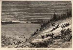 De aankomst van passagiers per hondenslee bij de Yukon-rivier (extreem noordelijk Canada) volledig bevroren. Gravure ter illustratie van de reis en avonturen in Engels Colombia, Vancouver Island en Alaska, door Frederick Whymper door Unknown artist