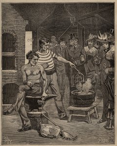 De kunst van glas: ervaring met batavische tranen. Druppels gesmolten glas worden in een koudwaterbad gedruppeld, die bevriezen in de vorm van tranen. Gravure uit 1885 in “Les arts et métiers illustrés” door Adolphe BITARD door Unknown artist
