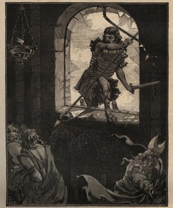 De kunst van glas: geschilderde glas-in-loodramen. Soldaten van Theodorik breken een glas-in-loodraam om de kerk van Brioude (Haute Loire) binnen te komen in 521. Gravure uit 1885 in 