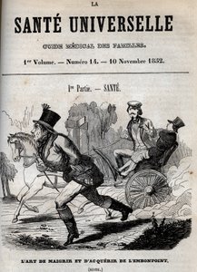 De kunst van afvallen en aankomen: een man loopt terwijl een ander in een koets wordt vervoerd - gravure in 