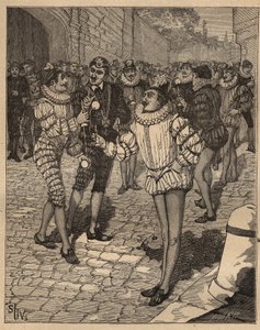 De kunst van het draaien: de bal. Koning Hendrik III (1551-1589) en zijn hovelingen spelen bilboquet op straat. Gravure uit 1885 in 
