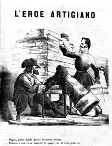De ambachtshelden Victor Emmanuel II - Joseph, wanneer maak je deze laars af? Garibaldi - Laat me de draad niet missen, voor de rest zorg ik voor alles. satirische gravure door Il Fischietto door Unknown artist