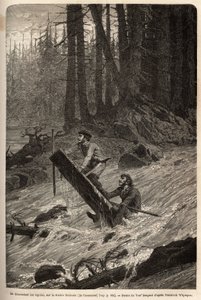De auteur en zijn reiziger, Mcdonald, die de stroomversnellingen op de Nittinaht-rivier (Vancouver Island) afdalen op een geïmproviseerd vlot. Gravure ter illustratie van de reis en avonturen in Engels Colombia, Vancouver Island en Alaska, door Frederick W