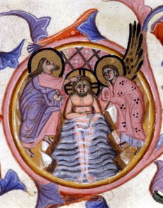 De doop van Christus in de Jordaan door Johannes de Doper - naar een miniatuur van een 14e-eeuws manuscript. door Unknown artist