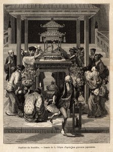De doop van de Boeddha, een jaarlijks feest dat plaatsvindt op de 8e dag van de 4e maand, gelovigen besprenkelen het bronzen beeld van de Boeddha dat voor de gelegenheid voor de tempels wordt tentoongesteld. Gravure ter illustratie van de reis naar Japan,  door Unknown artist