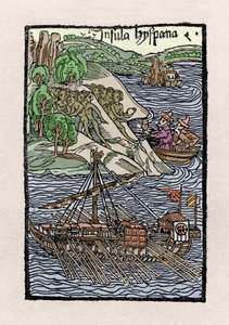 De ontscheping op Hispaniola door Christoffel Columbus (1451-1506). Gravure uit 