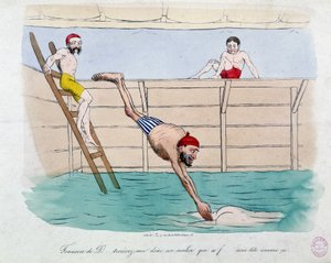 Het bad: karikatuur van openbare baden (zwembaden) in Parijs - 19e eeuw, Carnavalet door Unknown artist