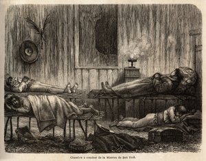 De slaapkamer van de christelijke missie van San Jose (Peru), die de auteur verwelkomt tijdens zijn reis. Gravure ter illustratie van de reis van de Stille Oceaan naar de Atlantische Oceaan, door Zuid-Amerika, in 1848-1860 door Paul Marcoy, in 