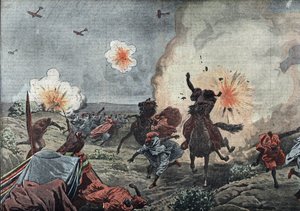 Het begin van de oorlog luchtvaart: de militaire vliegeniers van het Franse leger te verspreiden met bommen de rebellen Riata rond Taza in Marokko, juli 1914 (begin van de oorlog luchtvaart en Vroege bombardementen, franse vliegenier bombarderen marokkaans