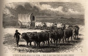 De grote vlaktestier en zijn trek. Gravure ter illustratie van de reis naar het verre westen van Amerika, door M. L. Simonin, in 1867, gepubliceerd in 