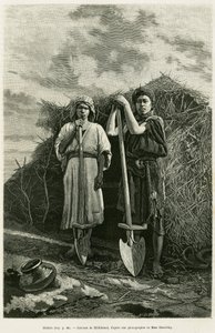 De bildars, eigenaren van een beche, zijn belast met het graven van de afvoeren van de tarwevelden in de Karoun-regio. Gravure ter illustratie van het verhaal La Perse, la Chaldee et la Susiane door Jane Delafoy (1851-1916), academieofficier, in le tour du door Unknown artist