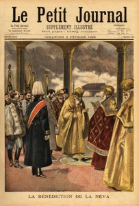 De zegening van de Neva, een Russische traditie die elk jaar plaatsvindt in Sint-Petersburg tijdens de epifanie. Gravure in "Le petit journal" 3/02/1895. Selva