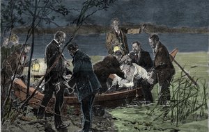 Het lichaam van Lodewijk (Ludwig) II van Beieren Wittelsbach (1845-1886) gevonden verdronken met Dr. Gudden in het Starnbergmeer nabij Slot Berg in juni 1886 door Unknown artist