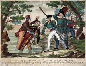 Het lichaam van Prins Joseph (Jozef) Antoni Poniatowski (overleden 1763) gevonden in de Eelster Rivier op 23 oktober 1813, gravure van de tijd door Unknown artist