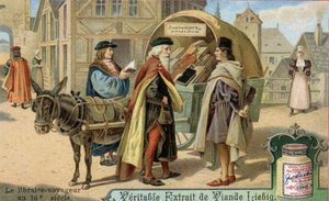 De boekverkoper en zijn reizende boekwinkel in de 16e eeuw. Chromolithografie, Liebig afbeelding