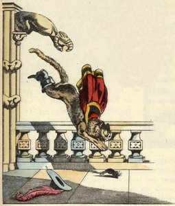 De laars kat vraagt de reus om in een muis te veranderen en springt om hem op te eten (illustratie van het sprookje 