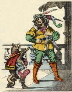 De gelaarsde kat ontmoet de reus. Illustratie van het sprookje 